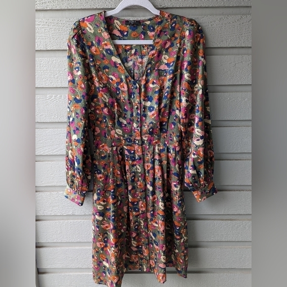 FRNCH Frida Multi Floral Pattern Satin Long Sleeve Shirt Dress Women's Size XS - Picture 2 of 6
